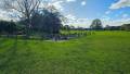 Photo showing a large grassing area with trees and a fence in the background, blue sky and white clouds can be seen in the photo