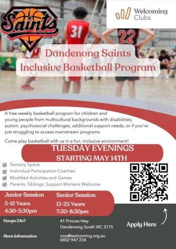 A flyer depicting the details for the dandenong saints inclusive basketball program