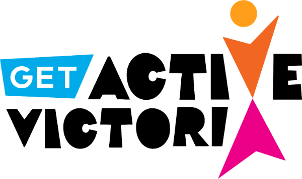 Colorful "Get Active Victoria" logo featuring vibrant text and a stylized figure, promoting physical activity in Victoria.