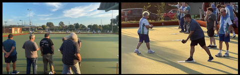 Pictured are two images of people playing lawn bowls