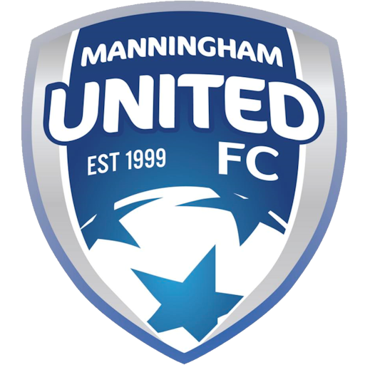 A blue, silver and white shield with the Manningham United FC logo