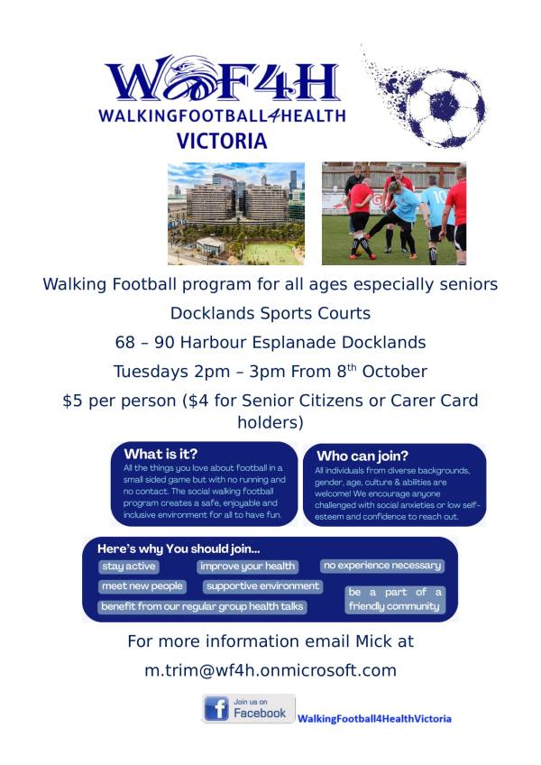 Flyer advertising walking football in Docklands