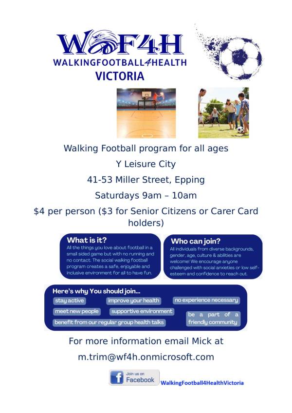 Flyer advertising walking football in Epping