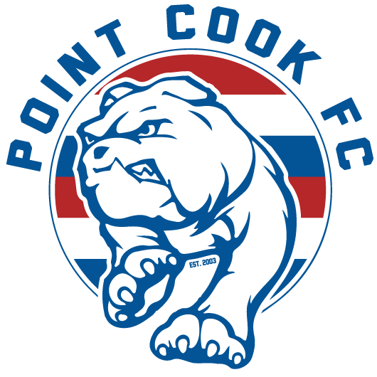 Point cook football club logo with a bulldog and blue, red and white horizontal stripes