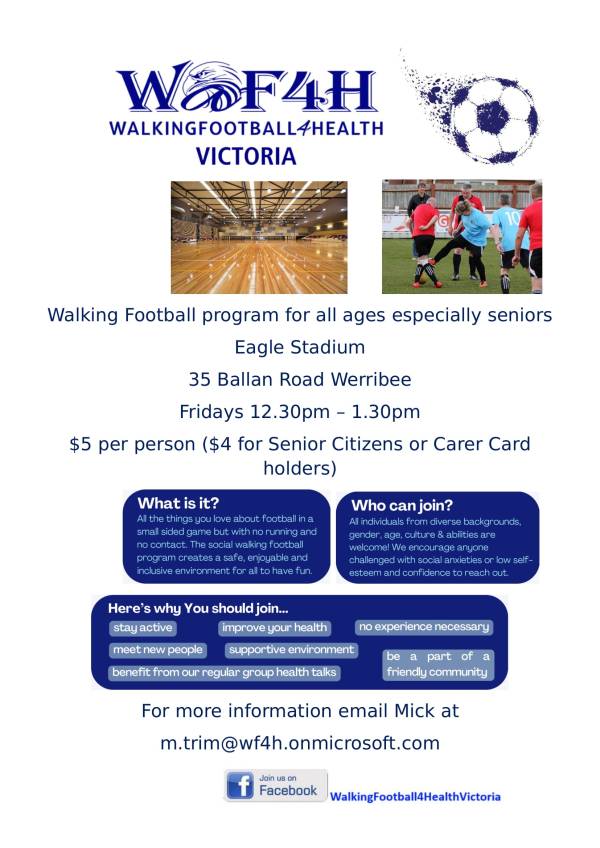 Flyer advertising walking football in Werribee