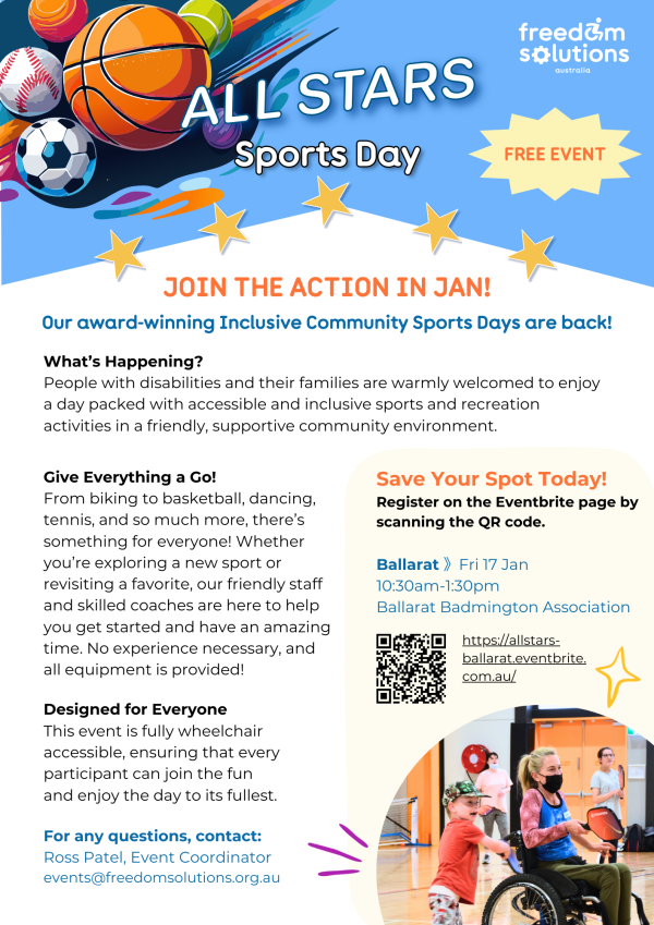 Blue and white flyer advertising all stars sports day in Ballarat, located at the Ballarat Badminton Association, hosted by freedom solutions